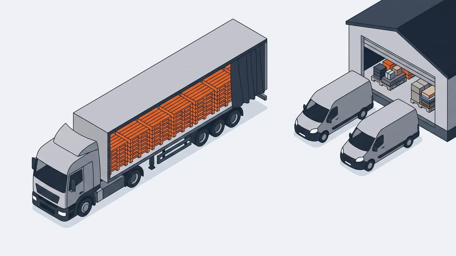 Illustrazione: semirimorchio telonato pieno di pallet di un solo cliente e magazzino di smistamento con due furgoni per il collettame