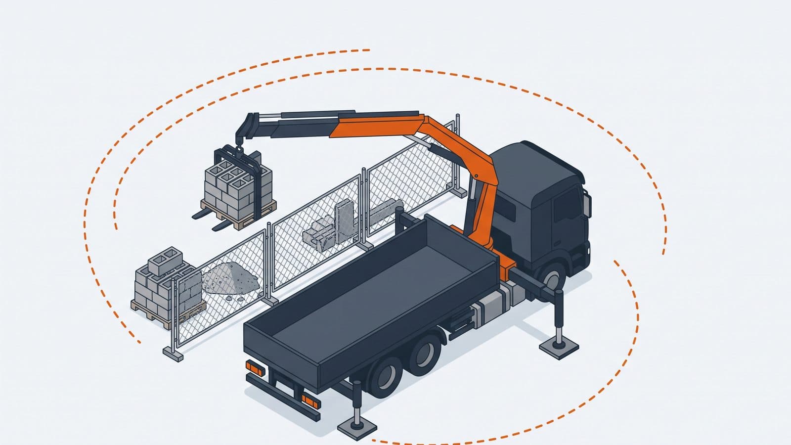 Illustrazione: autocarro con gru e stabilizzatori su piastre che posa un pallet di blocchi oltre la recinzione di un cantiere